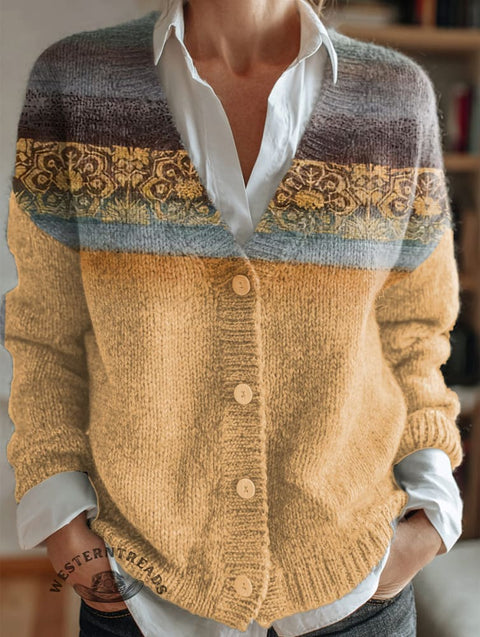 Retro Stripe Texture Pattern Print Buttoned V-neck Cardigan Sweater