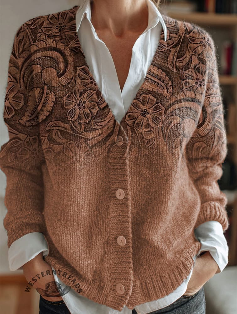 Retro Leather Embossing Pattern Print Buttoned V-neck Cardigan Sweater
