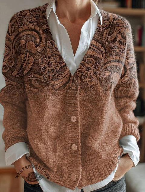 Retro Leather Embossing Pattern Print Buttoned V-neck Cardigan Sweater