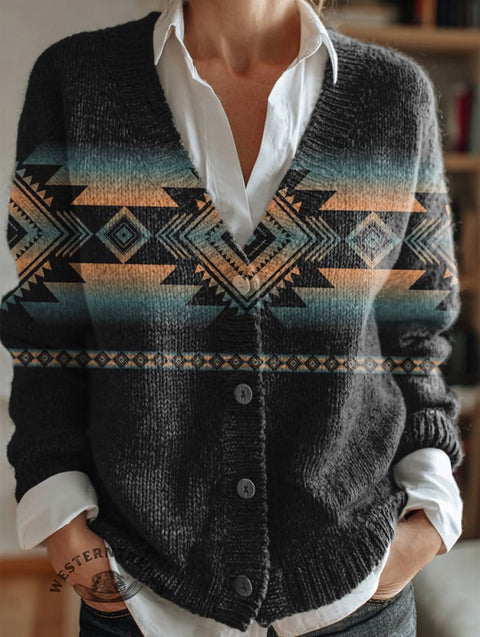 Simple Ethnic Art Print Buttoned V-neck Cardigan Sweater