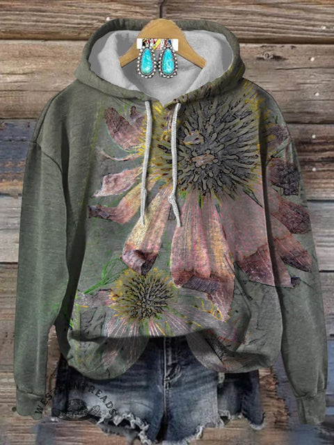 Retro Flower Art Print Cotton Casual Hoodie Sweatshirt