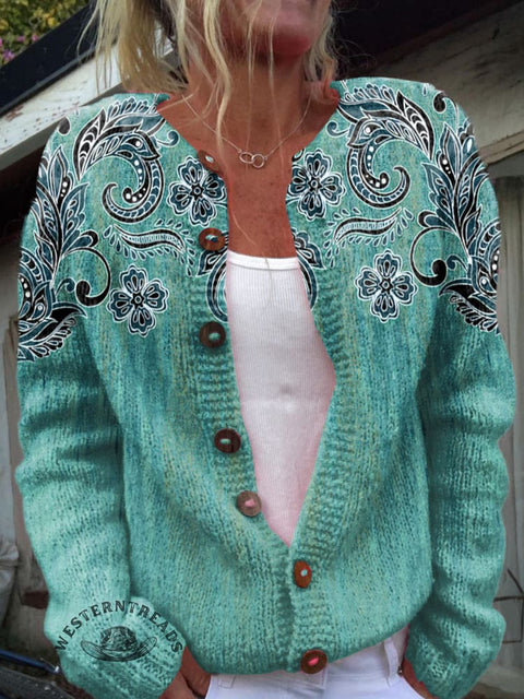 Art Floral Pattern Print Buttoned Cardigan Sweater