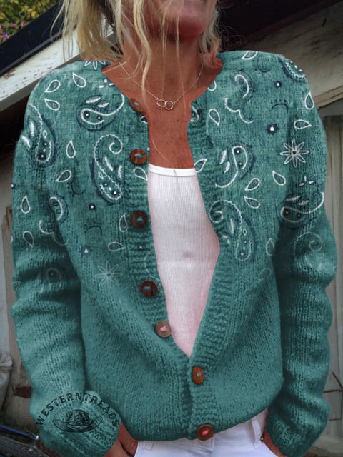 Boho Art Print Buttoned Cardigan Sweater