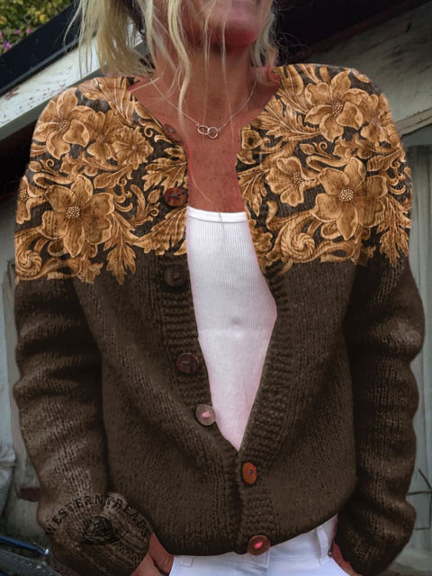 Leather Embossed Pattern Print Buttoned Cardigan Sweater