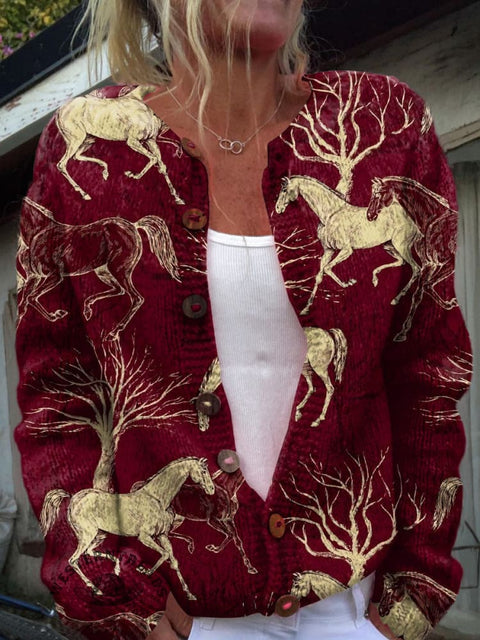 Horse Art Print Buttoned Cardigan Sweater