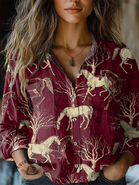 Women's Horse Art Print Casual Long Sleeve Comfortable Cotton Shirt