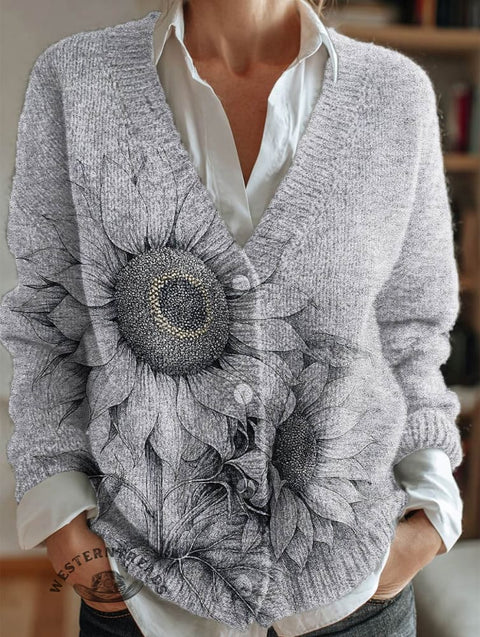 Retro Texture Sunflower Print Buttoned V-neck Cardigan Sweater