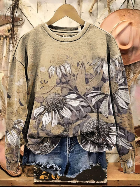 Retro Floral Painting Print Casual Cotton Sweatshirt