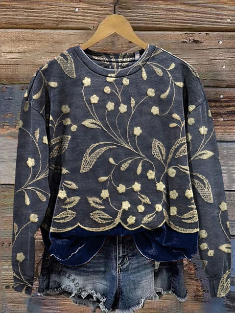 Retro Floral Pattern Print Casual Cotton Sweatshirt