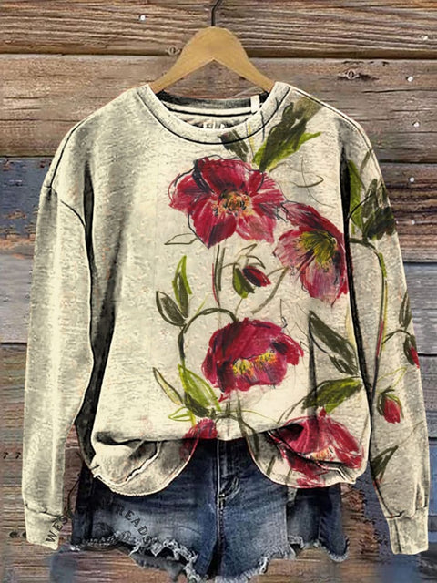 Retro Floral Art Painting Print Casual Cotton Sweatshirt