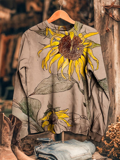 Retro Flower Painting Print Casual Cotton Sweatshirt