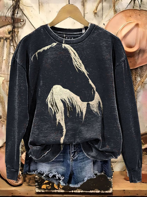Simple Horse Art Print Casual Cotton Sweatshirt