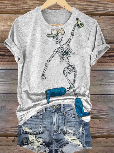 Simple Tequila Cowboy Skull Print T-shirt