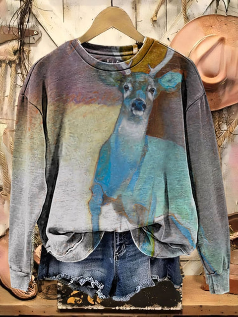 Retro Deer Art Print Casual Cotton Sweatshirt