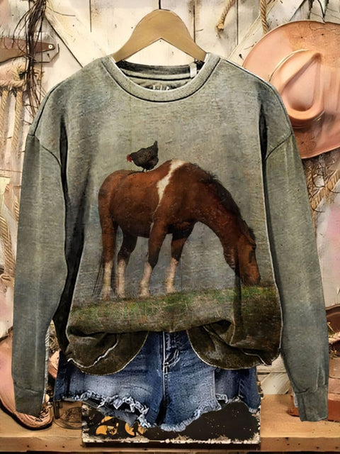 Retro Ranch Horse Chicken Art Print Casual Cotton Sweatshirt