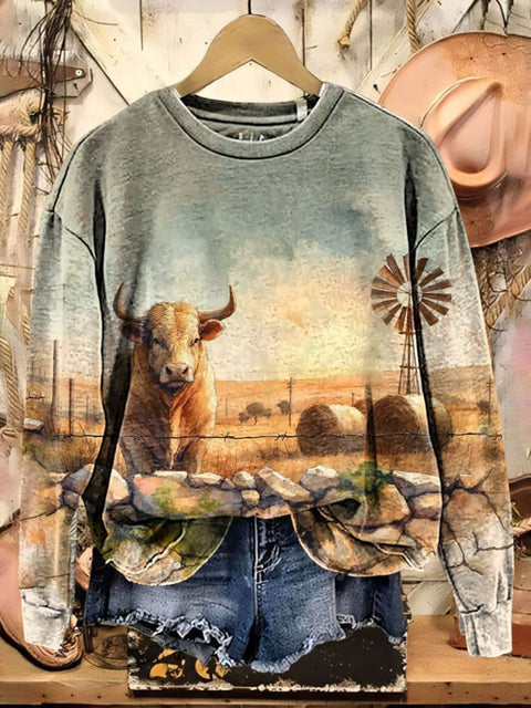 Western Ranch Art Print Casual Cotton Sweatshirt