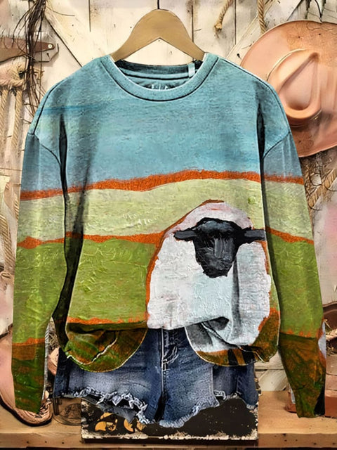 Retro Sheep Art Print Casual Cotton Sweatshirt