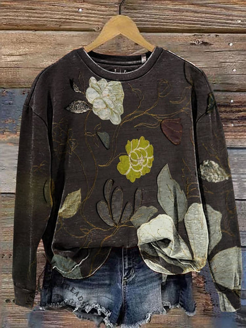 Simple Floral Art Print Casual Cotton Sweatshirt