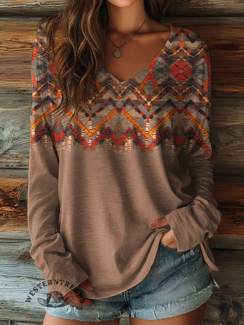 100% Cotton🍃Women's Retro Pattern Print Casual V-neck Long Sleeve T-shirt