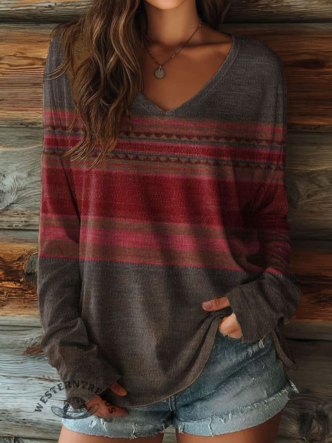 100% Cotton🍃Women's Retro Texture Pattern Print Casual V-neck Long Sleeve T-shirt