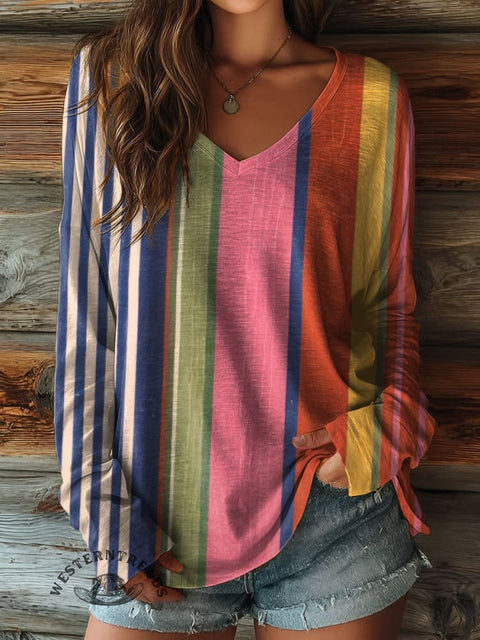 100% Cotton🍃Women's Retro Stripe Print Casual V-neck Long Sleeve T-shirt