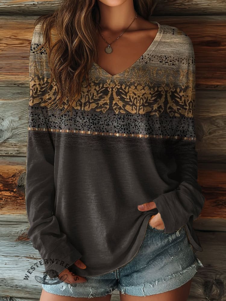 100% Cotton🍃Women's Retro Art Pattern Print Casual V-neck Long Sleeve T-shirt