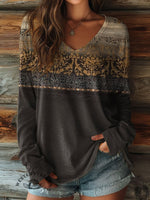 100% Cotton🍃Women's Retro Art Pattern Print Casual V-neck Long Sleeve T-shirt