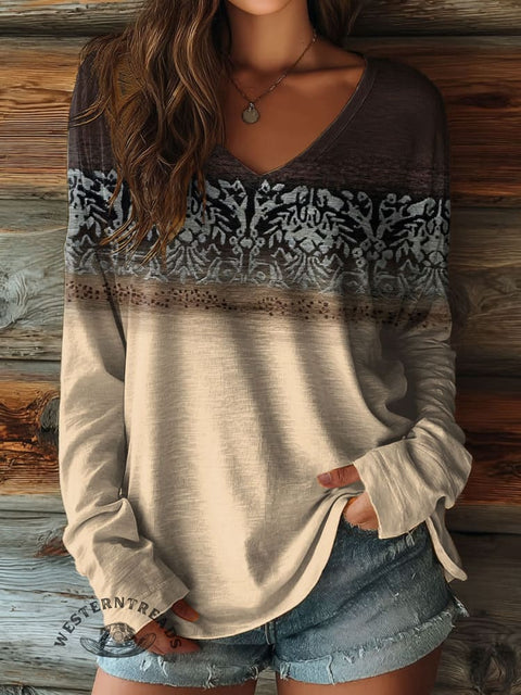 100% Cotton🍃Women's Retro Pattern Art Print Casual V-neck Long Sleeve T-shirt