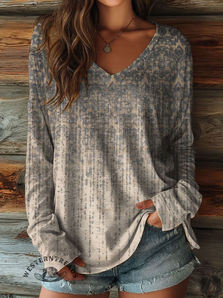 100% Cotton🍃Women's Texturel Pattern Print Casual V-neck Long Sleeve T-shirt