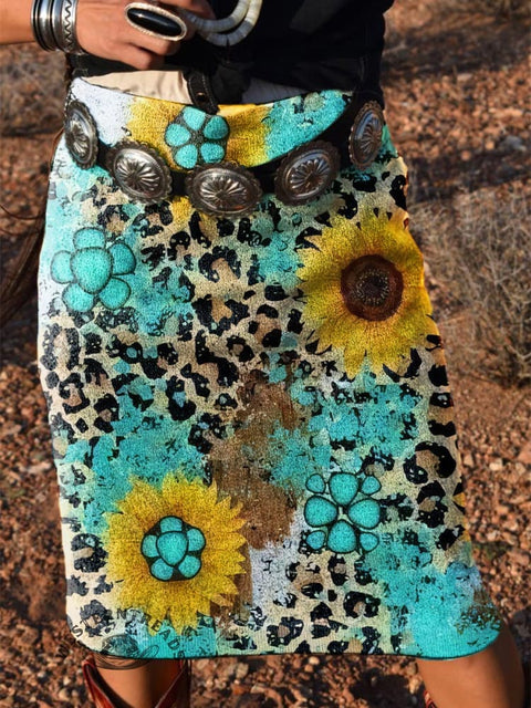 Women's Turquoise leopard Sunflower Print Knitted Skirt