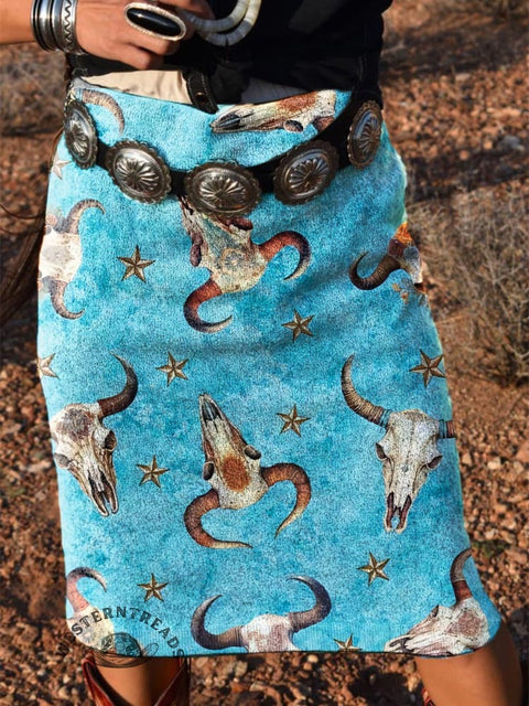 Women's Aztec Cow Skull Print Knitted Skirt