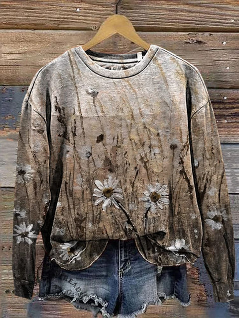 Retro Wild Flower Art Casual Cotton Sweatshirt
