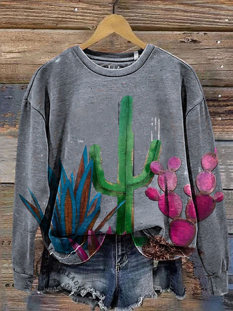 Retro Catcus Art Casual Cotton Sweatshirt