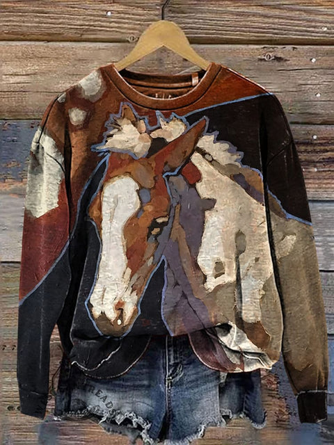 Retro Horse Art Casual Cotton Sweatshirt