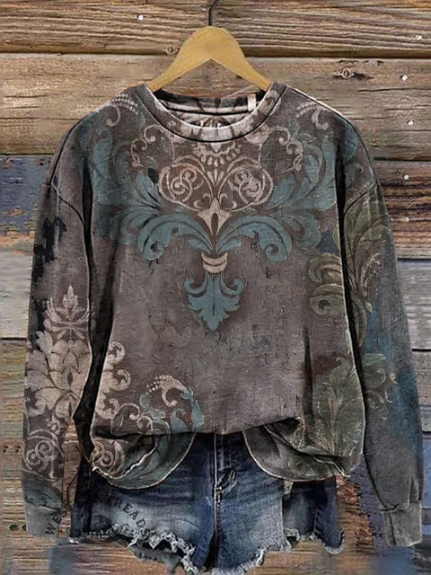 Retro Art Pattern Print Casual Cotton Sweatshirt