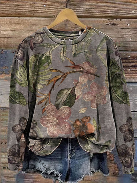 Retro Flower Art Casual Cotton Sweatshirt