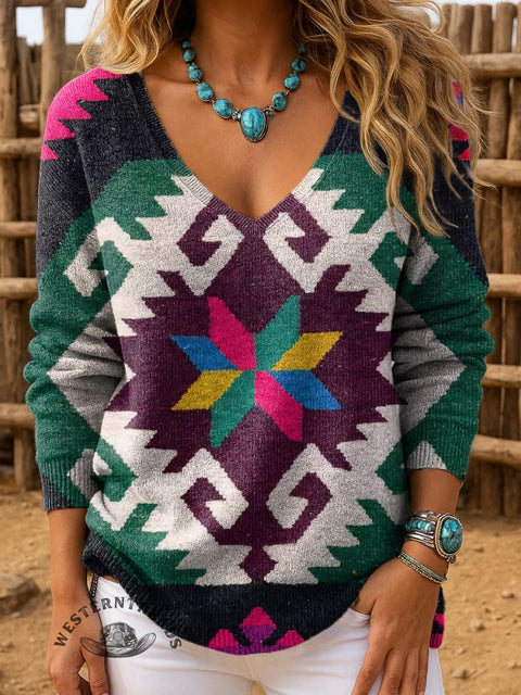 Women's Retro Ethnic Print Casual Pullover Sweater