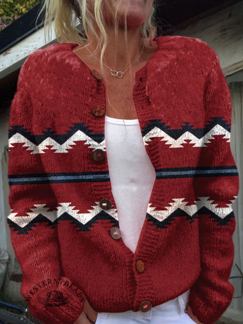 Simple Ethnic Print Buttoned Cardigan Sweater