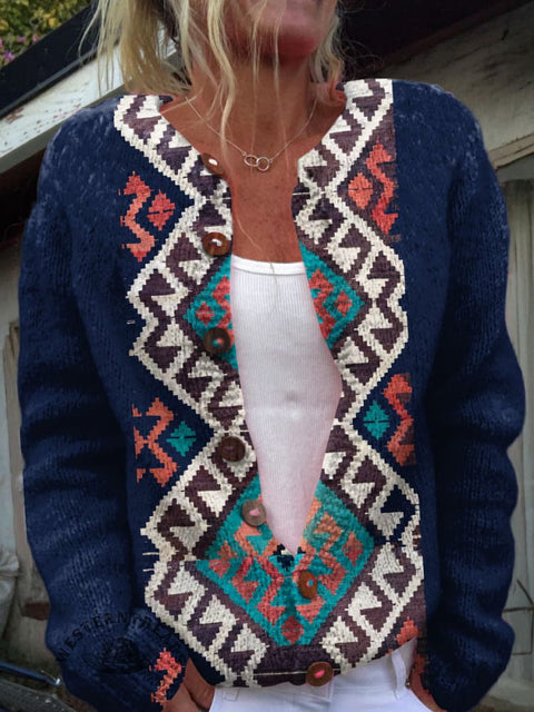 Simple Ethnic Pattern Print Buttoned Cardigan Sweater