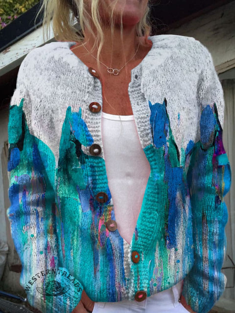 Horse Art Print Buttoned Cardigan Sweater
