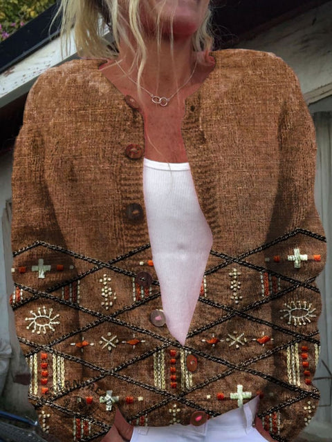 Retro Embroidery Art Pattern Print Buttoned Cardigan Sweater