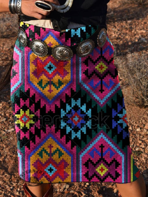 Women's Fashion Retro Ethnic Aztec Print Knitted Skirt