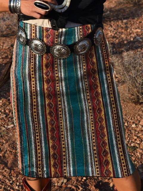 Women's Ethnic Stripe Art Print Knitted Skirt