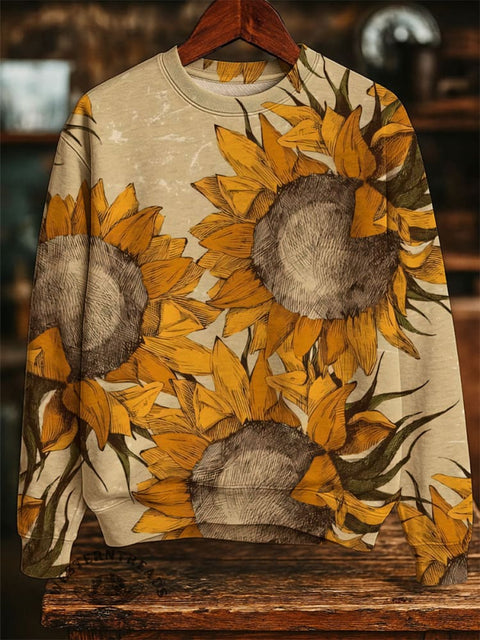 Sunflower Art Print Casual Cotton Sweatshirt