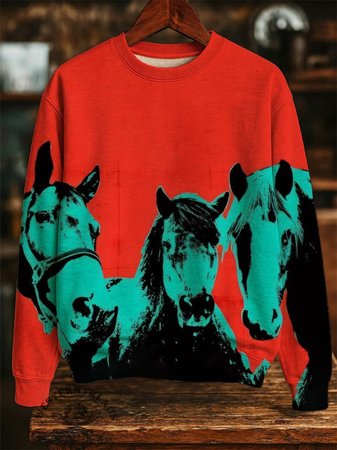 Horse Art Print Casual Cotton Sweatshirt