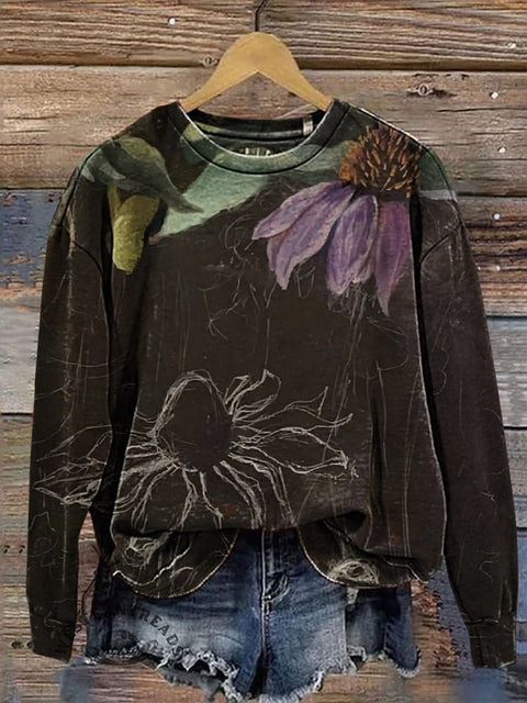 Retro Flower Pattern Art Print Casual Cotton Sweatshirt