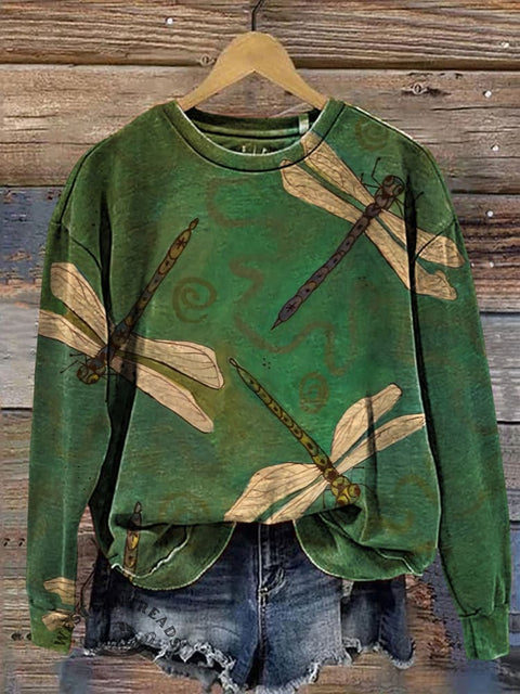 Retro Dragonfly Art Print Casual Cotton Sweatshirt