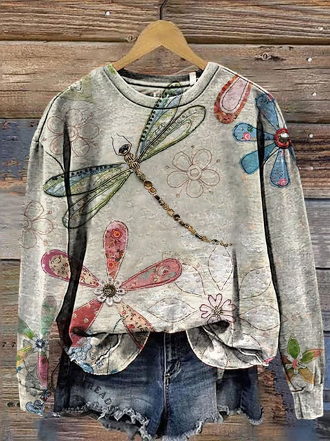 Dragonfly Floral Art Print Casual Cotton Sweatshirt