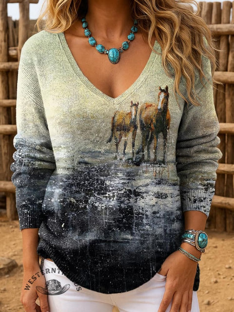 Women's Horse Art Print Casual Pullover Sweater