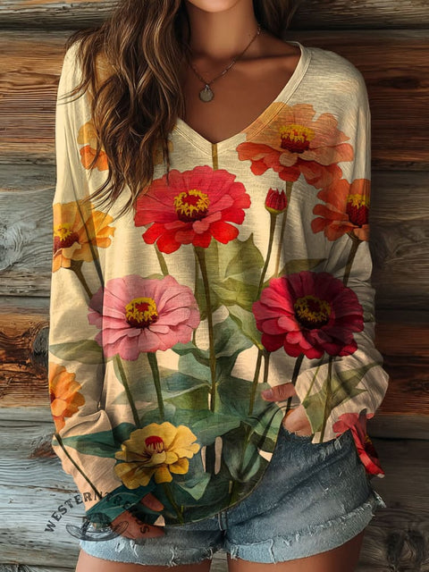 100% Cotton🍃Women's Blooming Flowers Print Casual V-neck Long Sleeve T-shirt